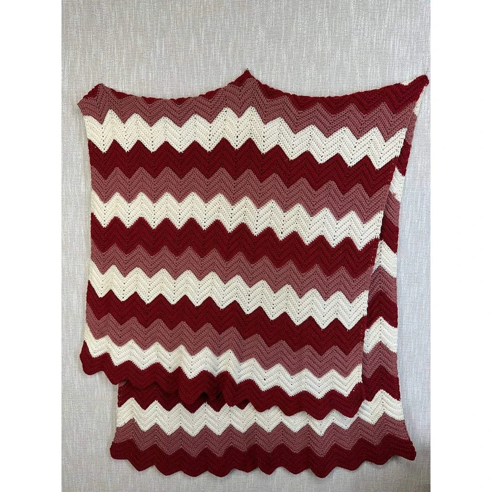 Vintage Crochet Ripple Afghan Blanket Burgundy Pink Cream Chevron‎ Throw 009